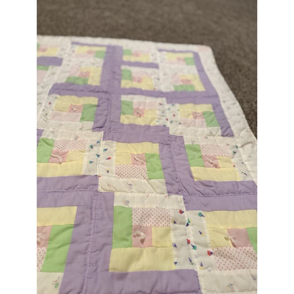 Vintage Pastel Log Cabin Style Crib Quilt. Handmade 34x47 Hand Stitched Quilted - Picture 6 of 9